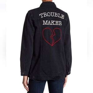 Lucky Brand Trouble Maker Distressed Jean Jacket Size Small Black Embroidered